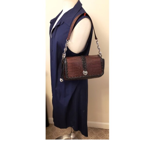 BRIGHTON Handbag/Shoulder Bag Brown Alligator Embossed Leather/Black Trim - Picture 2 of 14